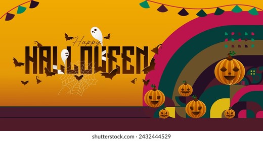 Happy Halloween background in geometric style. Happy Halloween cover with pumpkins, spider webs and typography. Suitable for posters, greeting cards and party invitations for Halloween celebrations