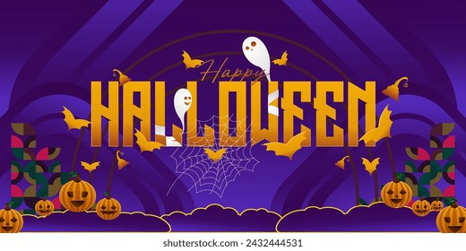 Happy Halloween background in geometric style. Happy Halloween cover with pumpkins, spider webs and typography. Suitable for posters, greeting cards and party invitations for Halloween celebrations