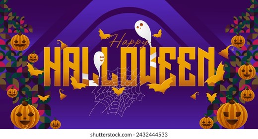 Happy Halloween background in geometric style. Happy Halloween cover with pumpkins, spider webs and typography. Suitable for posters, greeting cards and party invitations for Halloween celebrations