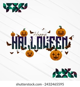 Happy Halloween background in geometric style. Happy Halloween cover with pumpkins, spider webs and typography. Suitable for posters, greeting cards and party invitations for Halloween celebrations