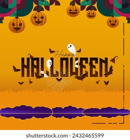 Happy Halloween background in geometric style. Happy Halloween cover with pumpkins, spider webs and typography. Suitable for posters, greeting cards and party invitations for Halloween celebrations