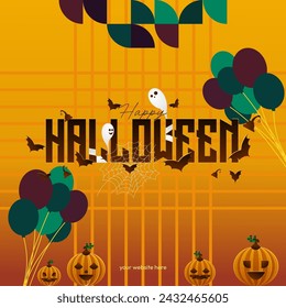 Happy Halloween background in geometric style. Happy Halloween cover with pumpkins, spider webs and typography. Suitable for posters, greeting cards and party invitations for Halloween celebrations