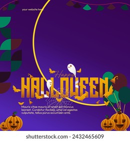 Happy Halloween background in geometric style. Happy Halloween cover with pumpkins, spider webs and typography. Suitable for posters, greeting cards and party invitations for Halloween celebrations