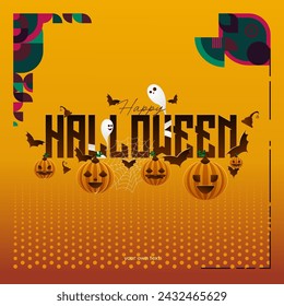 Happy Halloween background in geometric style. Happy Halloween cover with pumpkins, spider webs and typography. Suitable for posters, greeting cards and party invitations for Halloween celebrations