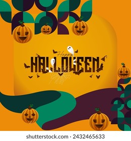 Happy Halloween background in geometric style. Happy Halloween cover with pumpkins, spider webs and typography. Suitable for posters, greeting cards and party invitations for Halloween celebrations