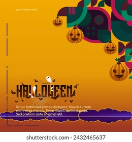 Happy Halloween background in geometric style. Happy Halloween cover with pumpkins, spider webs and typography. Suitable for posters, greeting cards and party invitations for Halloween celebrations