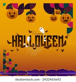 Happy Halloween background in geometric style. Happy Halloween cover with pumpkins, spider webs and typography. Suitable for posters, greeting cards and party invitations for Halloween celebrations
