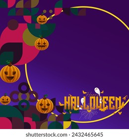 Happy Halloween background in geometric style. Happy Halloween cover with pumpkins, spider webs and typography. Suitable for posters, greeting cards and party invitations for Halloween celebrations