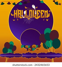 Happy Halloween background in geometric style. Happy Halloween cover with pumpkins, spider webs and typography. Suitable for posters, greeting cards and party invitations for Halloween celebrations