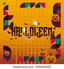 Happy Halloween background in geometric style. Happy Halloween cover with pumpkins, spider webs and typography. Suitable for posters, greeting cards and party invitations for Halloween celebrations