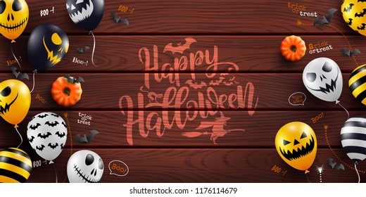 Happy Halloween background with Halloween Ghost Balloons on wood background.Scary air balloons.Website spooky or banner  template.Vector illustration EPS10