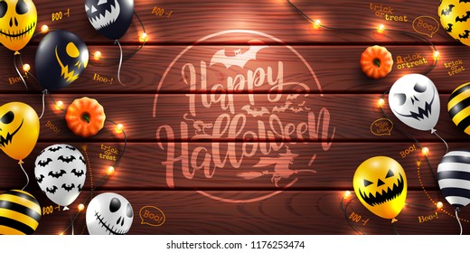 Happy Halloween background with Halloween Ghost Balloons and string light on wood background.Scary air balloons.Website spooky or banner  template.Vector illustration EPS10