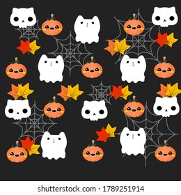 Happy Halloween background with ghost, pumpkin, skull and spider web.
