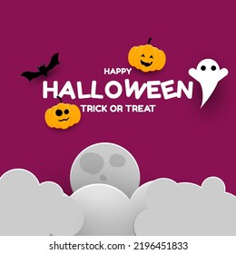 Happy halloween background with ghost , pumpkin, moon, cloud and bat for banner, poster, greeting card, party invitation or social media