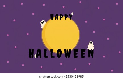 Happy Halloween background with ghosts, stars and moon decorations on purple background. Perfect for Halloween banners or posters.