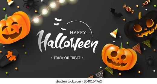 Happy Halloween background with glowing pumpkins, candy, bat,coffin, flags and spiders.Flyer or invitation template for Halloween party. Vector illustration.