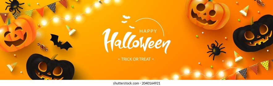 Happy Halloween background with glowing pumpkins, candy, bat, flags and spiders.Flyer or invitation template for Halloween party. Vector illustration.