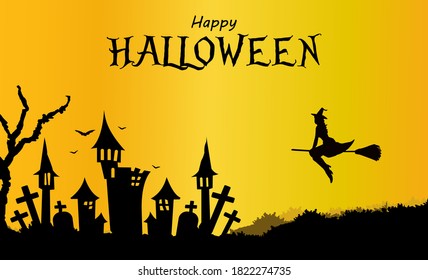 Happy halloween background gradient witch on broomstick night castle. Vector EPS10