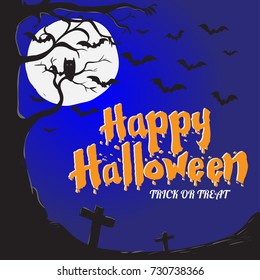Happy Halloween Background, Graveyard with flying bats, tree, owl and full moon Background - Vector Illustration
