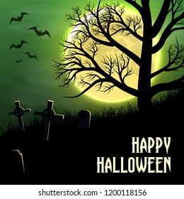 Happy Halloween background with graveyard, trees and moon
