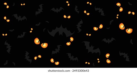 Happy Halloween background. Group of vector illustration glowing scary eye and bat spooky elements for scary night decoration. Halloween discount banner flyer, autumn holiday season background. ESP 10