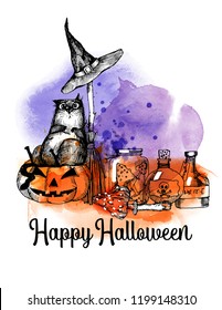 Happy Halloween background. Hand drawen sketch and watercolor 