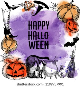Happy Halloween background. Hand drawen sketch and watercolor 