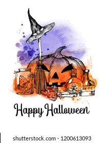 Happy Halloween background. Hand drawen sketch and watercolor 