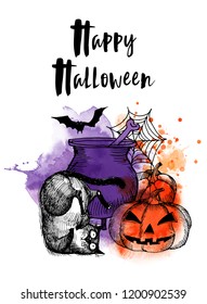 Happy Halloween background. Hand drawen sketch and watercolor 