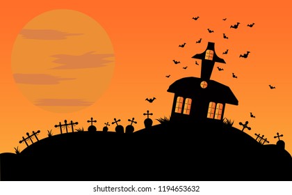 Happy Halloween background with  haunted house and full moon, Vector illustration