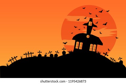 Happy Halloween background with  haunted house and full moon, Vector illustration