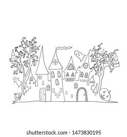 Happy halloween background with haunted house, trees and cute ghosts. Vector illustration for coloring book page, advertisement, card, flyer, poster.