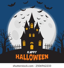 Happy Halloween Background with Haunted House, Tree Silhouette, Full Moon, and Bats Flying. Vector illustration halloween for poster, flyer, greeting card and social media.