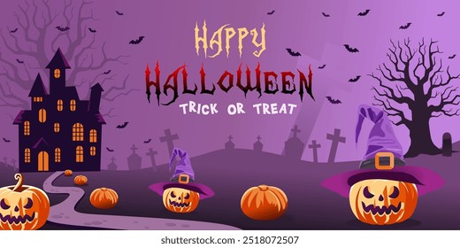 Happy Halloween Background with haunted house, Pumpkin Jack-O'-Lantern, Witch Hat, cemetery. Perfect for Trick or Treat Celebrations, Holiday Parties, and October 31st Festivities