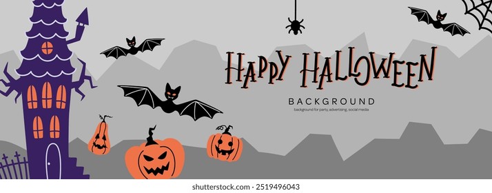 Happy Halloween background with a haunted house, pumpkins, bats, web, spiders, lettering. Banner template for spooky party, advertising, social media. Vector illustration in flat design.
