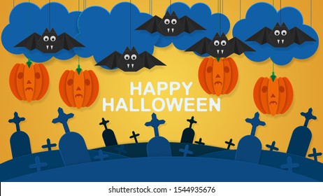 Happy Halloween. The background of a holiday party. Cut paper style. Bats flying in the clouds over the cemetery.