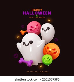 Happy Halloween background. Holiday Halloween poster, web banner, greeting card, cover for party invitation. Colorful bright realistic 3d design elements Good white ghosts. Vector illustration