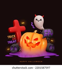 Felices antecedentes de Halloween. Afiche de la celebración de Halloween, banner web, tarjeta de saludo, portada para la invitación a la fiesta. Coloridos elementos de diseño 3d realistas y brillantes, calabaza naranja y fantasmas. Ilustración del vector