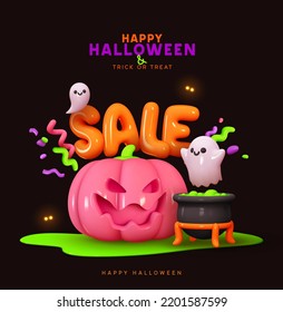 Happy Halloween background. Holiday Halloween poster, web banner, greeting card, cover for party invitation. Colorful bright realistic 3d design elements ghosts, pumpkin, cauldron. Vector illustration