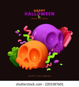 Happy Halloween background. Holiday Halloween poster, web banner, greeting card, cover for party invitation. Colorful bright realistic 3d design elements Two skulls and gifts. Vector illustration