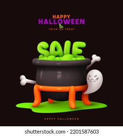 Happy Halloween background. Holiday Halloween poster, web banner, greeting card, cover for party invitation. Bright realistic 3d design elements magic cauldron with green potion. Vector illustration