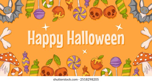 Fondo feliz de Halloween, tarjeta de felicitación Horizontal del Vector con el marco de los dulces. Caramelos, piruleta, cereza en forma de cráneo, huesos, amanita y murciélago. Ilustración plana para el partido, invitación, cartel, Anuncio