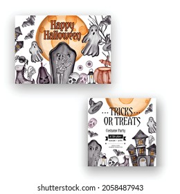 happy Halloween background with horror symbols pumpkin bones skull, Halloween background template for invitation card