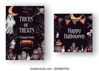 happy Halloween background with horror symbols pumpkin bones skull, Halloween background template for invitation card