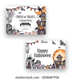 happy Halloween background with horror symbols pumpkin bones skull, Halloween background template for invitation card