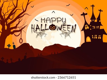 Happy-halloween-Hintergrund-Illustration mit großer Vollmond- und Hügellandschaft mit erschreckendem, bezauberndem Haus