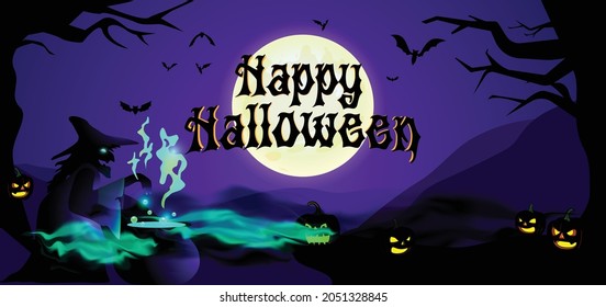 Happy Halloween background Illustration with Evil witch 