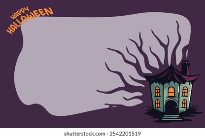 Happy Halloween Background Illustration Spooky Haunted House Design. Featuring a fun and spooky haunted house design for party invitations, social media graphics, posters, and banners.