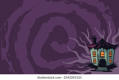 Feliz Halloween Ilustração Plano de Fundo Assustado Casa Design. Apresentando um divertido e assustador design de casa assombrada para convites de festa, gráficos de mídia social, cartazes e banners.