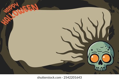 Feliz Halloween Ilustração Plano de Fundo Assustador Zumbi Skull Design. Apresentando um design zumbi divertido e assustador para convites de festa, gráficos de mídia social, cartazes e banners.